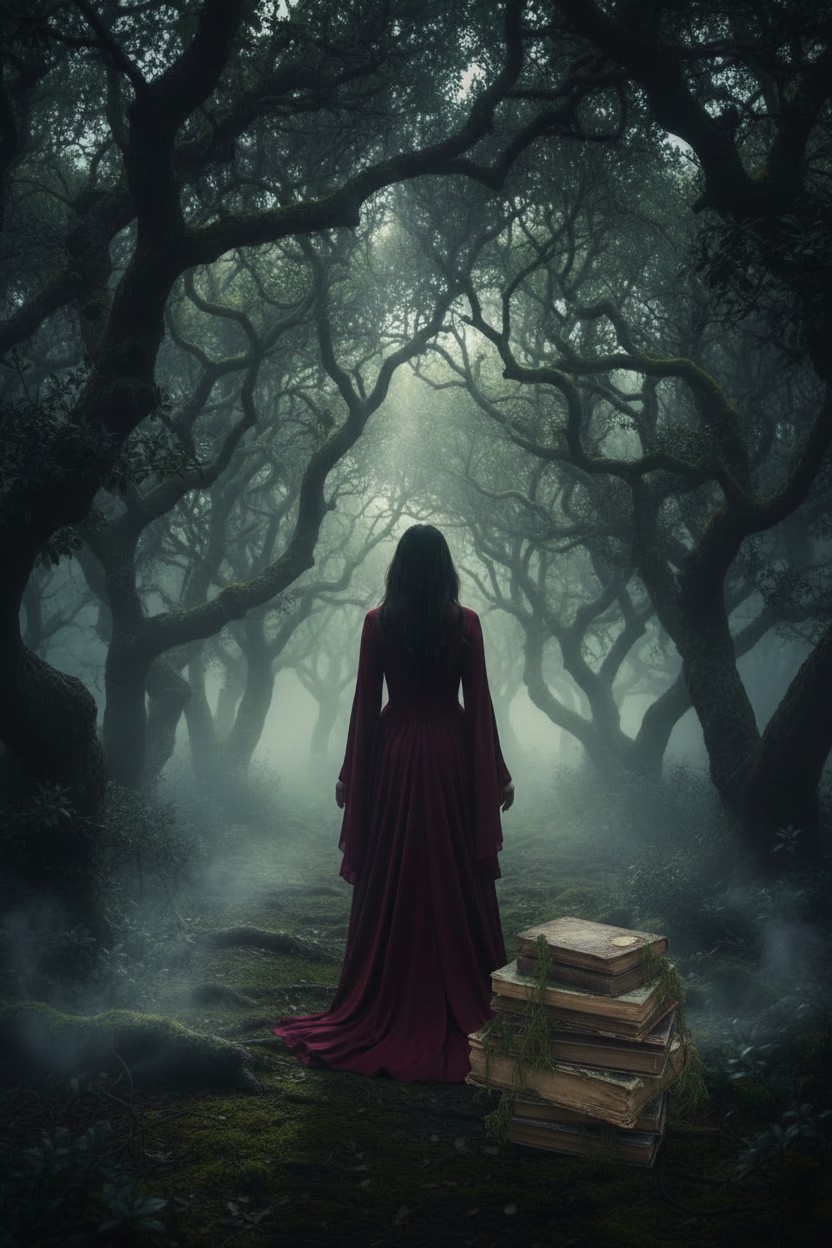 Femme dans une forêt sombre avec pile de livres — dark romance
